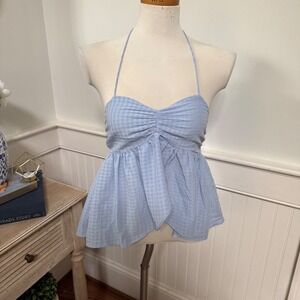 Urban Outfitters Blue Gingham Halter Babydoll Top Smocked Back Small